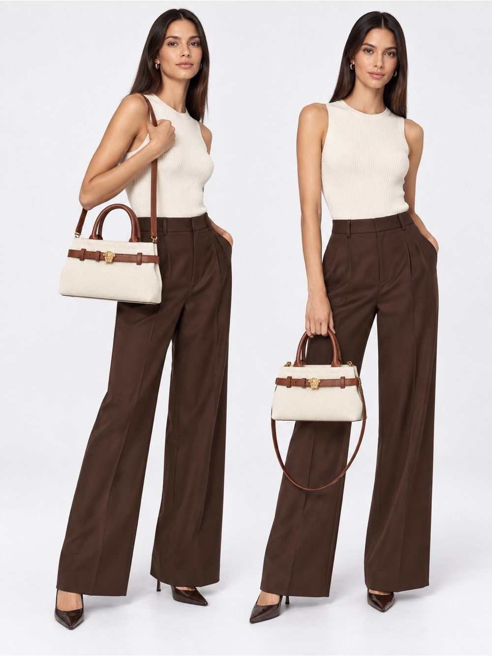 Versace Cream Tote with Brown Leather Strap and Gold Medusa Detail - Picture 2 of 9